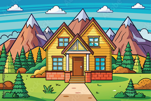 Colorful cartoon landscape design vector illustration, beautiful sky and clouds. House in the mountains with some green trees.