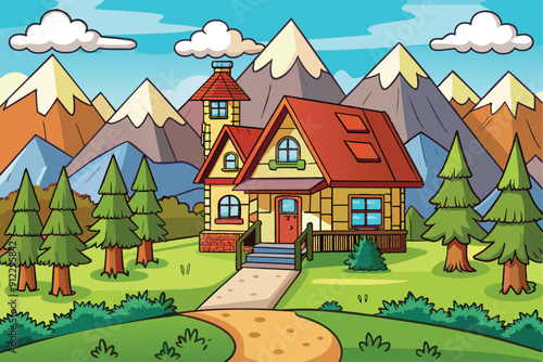 Colorful cartoon landscape design vector illustration, beautiful sky and clouds. House in the mountains with some green trees.