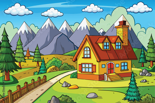 Colorful cartoon landscape design vector illustration, beautiful sky and clouds. House in the mountains with some green trees.