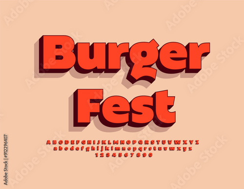 Vector advertising banner Burger Fest. Bold Red Font with Shadow. Modern Alphabet Letters and Numbers set.