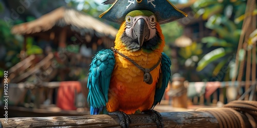 Colorful Parrot Wearing Pirate Hat Perched on Wooden Fence in Tropical Setting photo