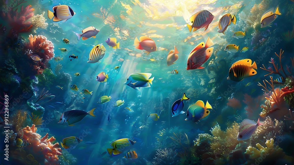 Fototapeta premium Vibrant underwater scene teeming with colorful fish swimming among vibrant coral reefs. Sunbeams illuminate the ocean, creating a breathtaking spectacle of life and beauty.