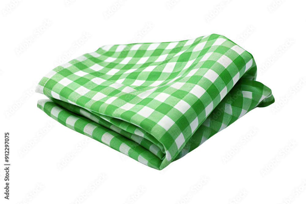 A Freshly Folded Green Gingham Tablecloth Ready For A Picnic on a White or Clear Surface PNG Transparent Background. A Freshly Folded Green Gingham Tablecloth Ready For A Picnic on a White or Clear Surface PNG Transparent Background.