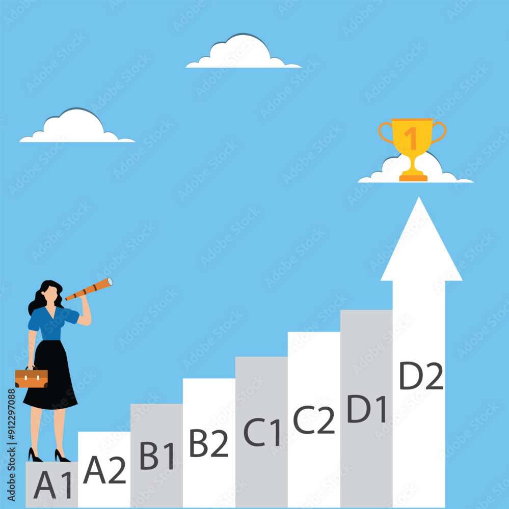 Woman stands at the lower level A1 and looks through binoculars Woman stands at the lower level A1 and looks through binoculars