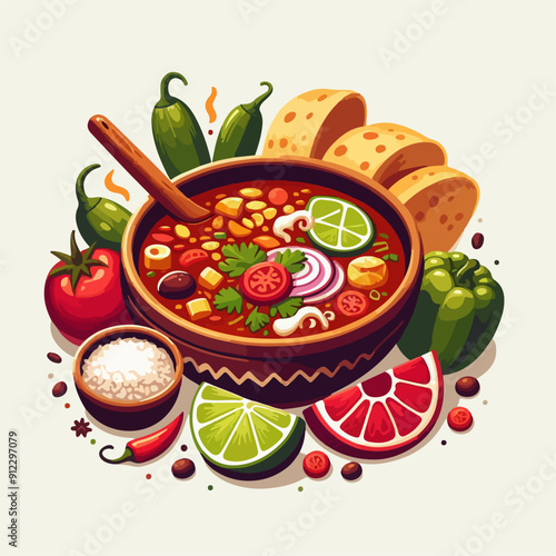 Mexican food set. Guacamole, chiltomate, quesadillas, chile ennogada, nachos, enmoladas, burritos, tamales, tacos, fajitas, etc. Vector illustration isolated on white background.