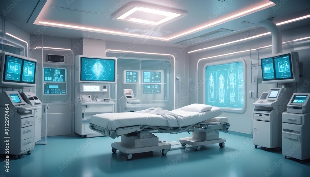 plain blank Futuristic Hospital Room with Digital Displays and a Patient Bed plain blank Futuristic Hospital Room with Digital Displays and a Patient Bed