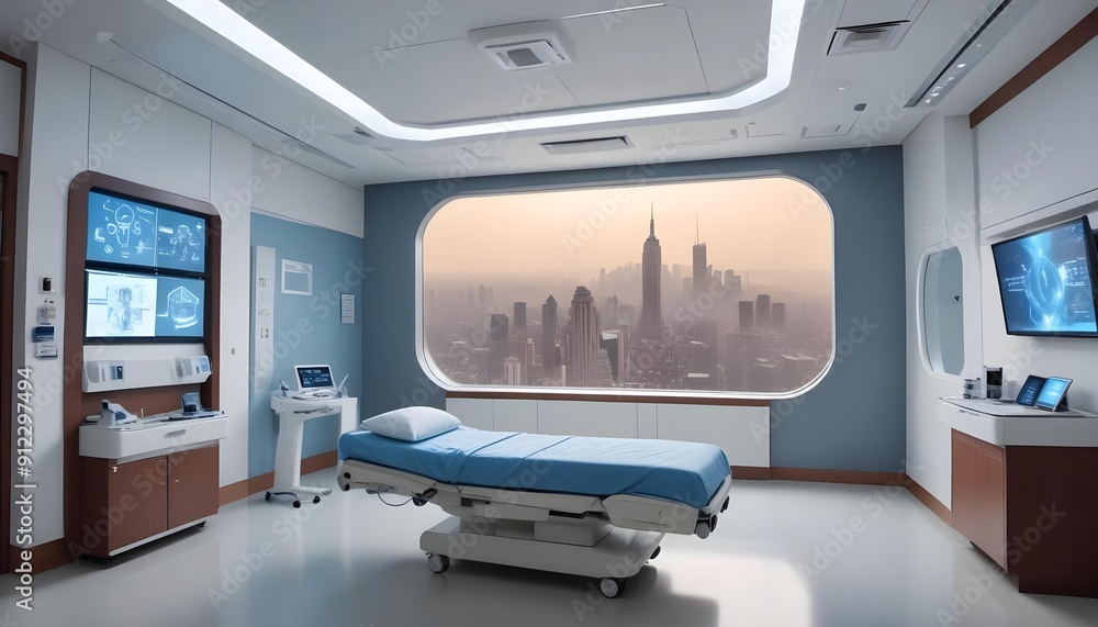 plain blank Futuristic Hospital Room with Digital Displays and a Patient Bed plain blank Futuristic Hospital Room with Digital Displays and a Patient Bed