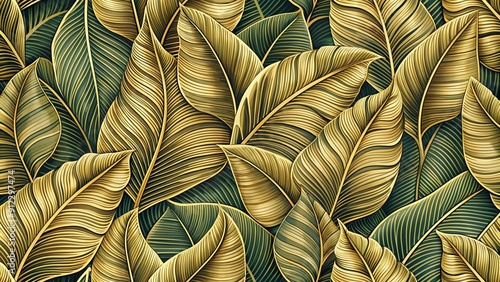Wallpaper Mural Tropical leaf Wallpaper, Luxury nature leaves pattern design, Golden banana leaf line arts, Hand drawn outline design for fabric , print, cover, banner and invitation, Vector illustration Torontodigital.ca