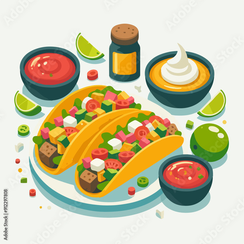 Mexican food set. Guacamole, chiltomate, quesadillas, chile ennogada, nachos, enmoladas, burritos, tamales, tacos, fajitas, etc. Vector illustration isolated on white background.