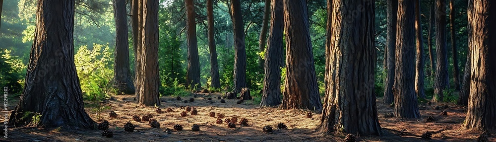 Sunlight Through Tall Trees in a Forest Illustration Sunlight Through Tall Trees in a Forest Illustration