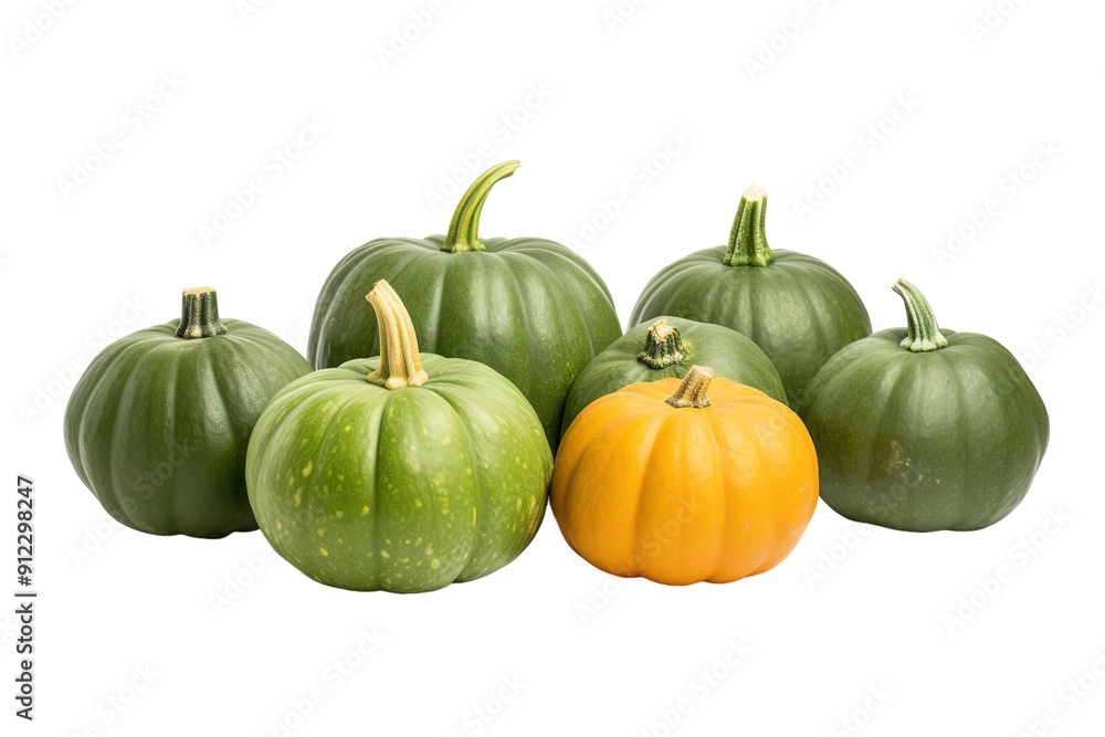 A Cluster of Green and Orange Pumpkins Against a White Background on a White or Clear Surface PNG Transparent Background. A Cluster of Green and Orange Pumpkins Against a White Background on a White or Clear Surface PNG Transparent Background.
