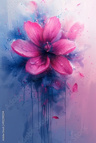 Pink Flower on Blue Background