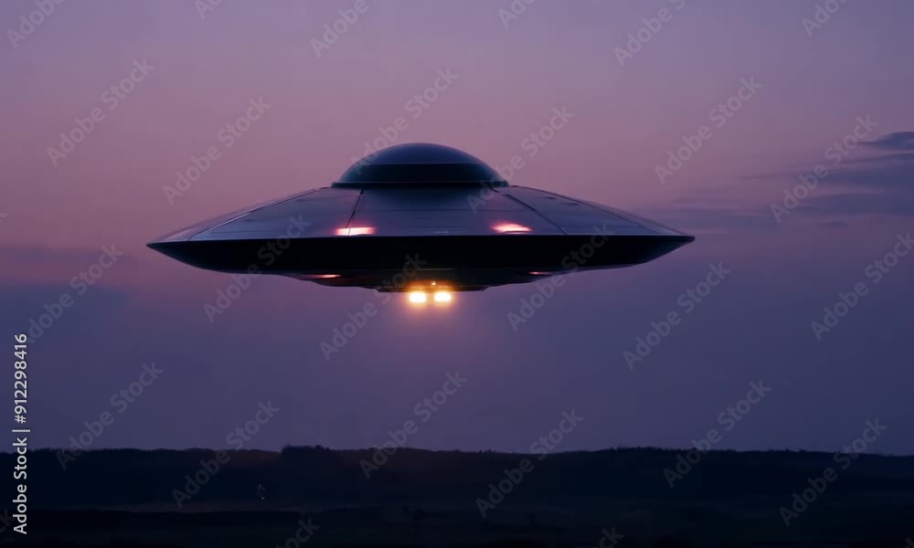 Wide Shot of Futuristic UFO Hovering in the Night Sky with Glowing Lights Wide Shot of Futuristic UFO Hovering in the Night Sky with Glowing Lights