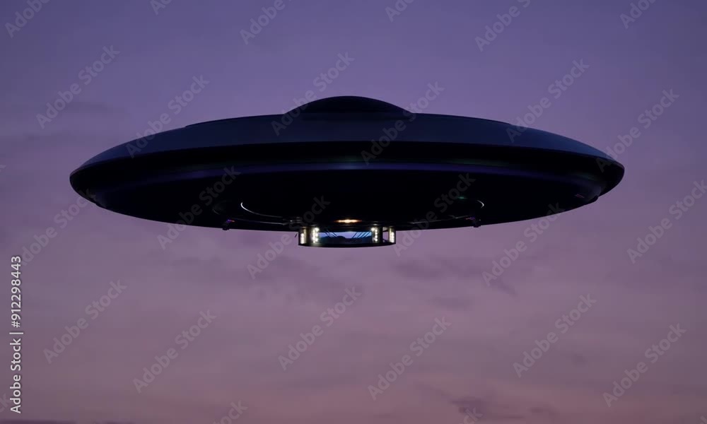 Wide Shot of Futuristic UFO Hovering in the Night Sky with Glowing Lights Wide Shot of Futuristic UFO Hovering in the Night Sky with Glowing Lights