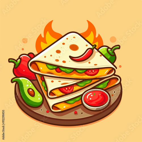 Mexican food set. Guacamole, chiltomate, quesadillas, chile ennogada, nachos, enmoladas, burritos, tamales, tacos, fajitas, etc. Vector illustration isolated on white background.