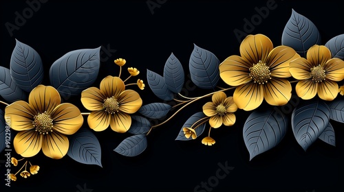 Yellow Flowers and Leaves on Black Background