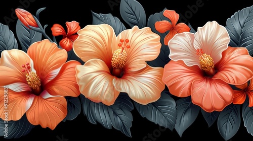 Abstract Painting of Orange and White Flowers on Black Background