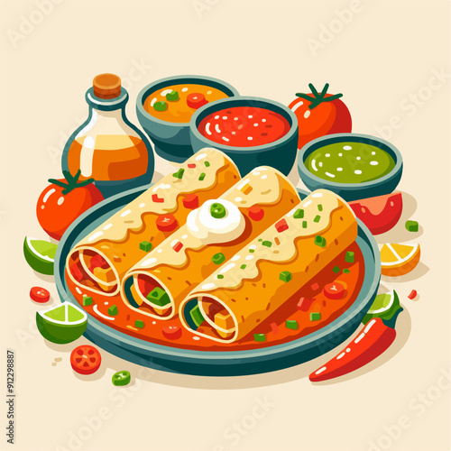 Mexican food set. Guacamole, chiltomate, quesadillas, chile ennogada, nachos, enmoladas, burritos, tamales, tacos, fajitas, etc. Vector illustration isolated on white background.