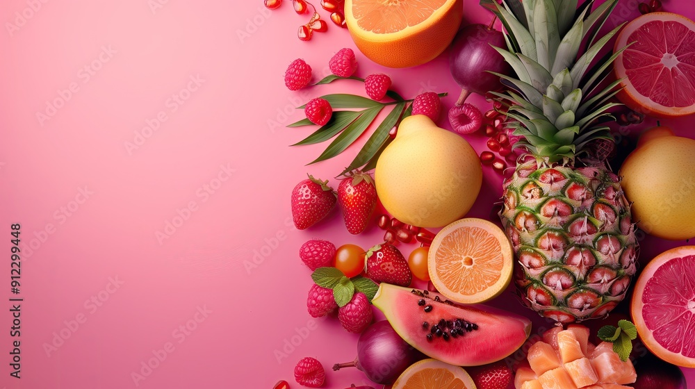 Fruit and berry pink background Different berries and fruits:strawberry raspberry blueberry orange grapefruit kiwi banana grape Summer fruit and berry salad Fruit and berry pink background Different berries and fruits:strawberry raspberry blueberry orange grapefruit kiwi banana grape Summer fruit and berry salad