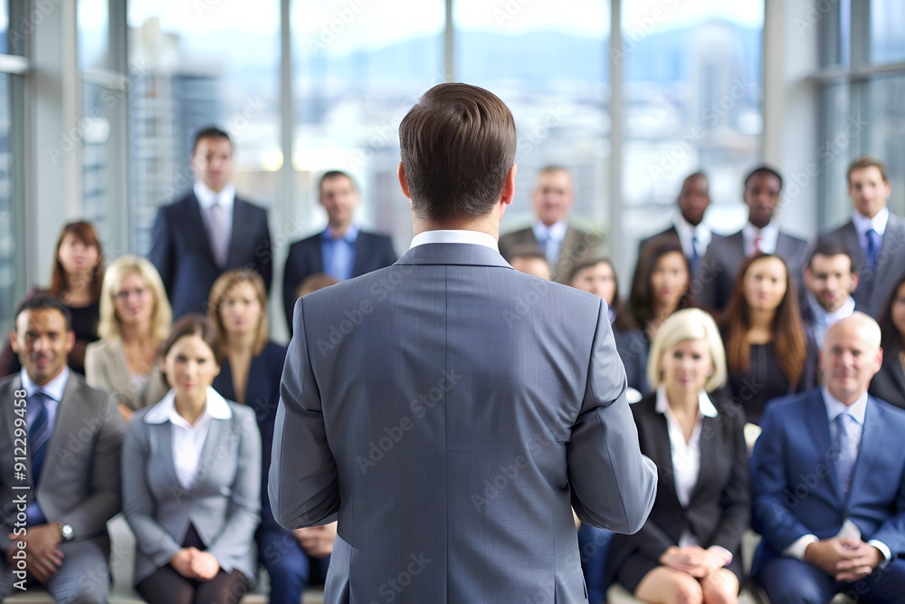 backview of a businessman talking infront of people group class backview of a businessman talking infront of people group class