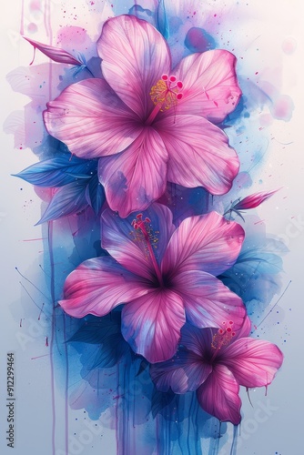 Pink Flowers on Blue Background
