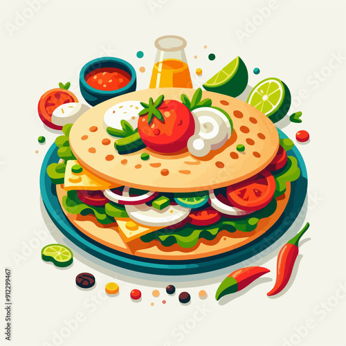 Mexican food set. Guacamole, chiltomate, quesadillas, chile ennogada, nachos, enmoladas, burritos, tamales, tacos, fajitas, etc. Vector illustration isolated on white background.