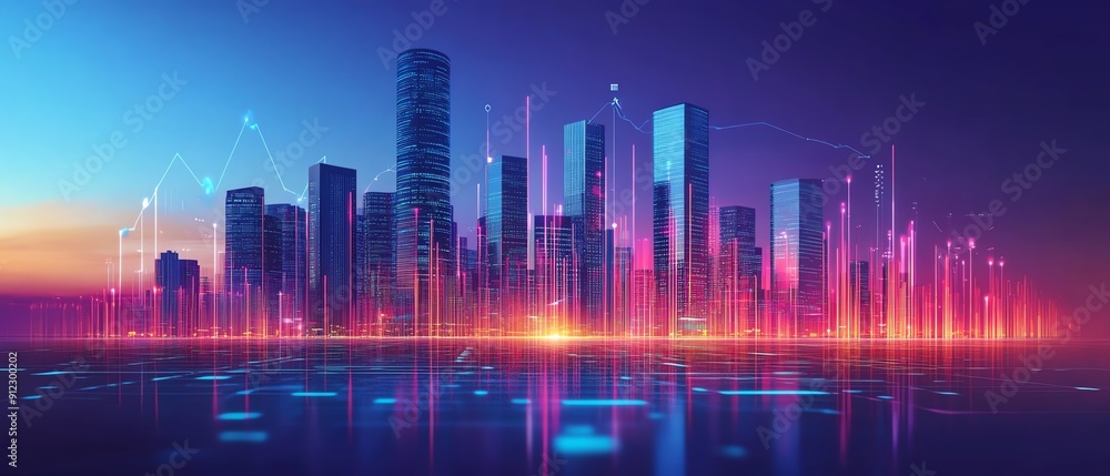 A vibrant city skyline at sunset, showcasing futuristic buildings illuminated by neon lights and digital connections. A vibrant city skyline at sunset, showcasing futuristic buildings illuminated by neon lights and digital connections.