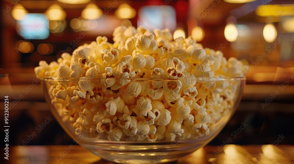 A large bowl filled with fluffy buttered popcorn sits invitingly, perfect for enjoying a movie experience at the theater A large bowl filled with fluffy buttered popcorn sits invitingly, perfect for enjoying a movie experience at the theater