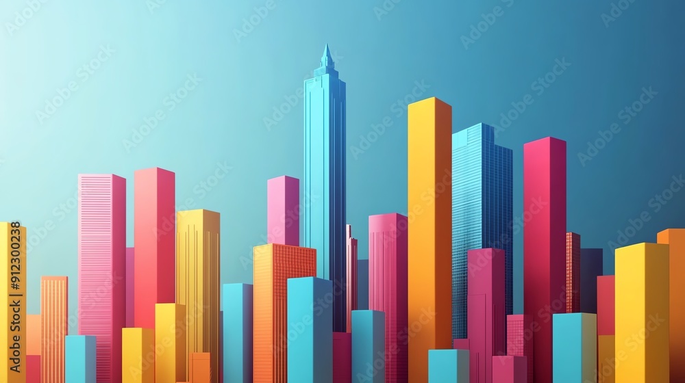 Vibrant city skyline with colorful skyscrapers against a clear blue background, showcasing modern urban architecture. Vibrant city skyline with colorful skyscrapers against a clear blue background, showcasing modern urban architecture.