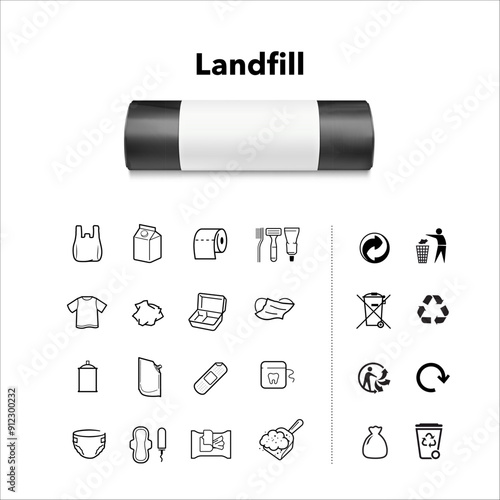 Garbage bag roll for landfill mockup with set icons . High realistic. Vector illustration isolated on grey background. Ready for your design. EPS10.	