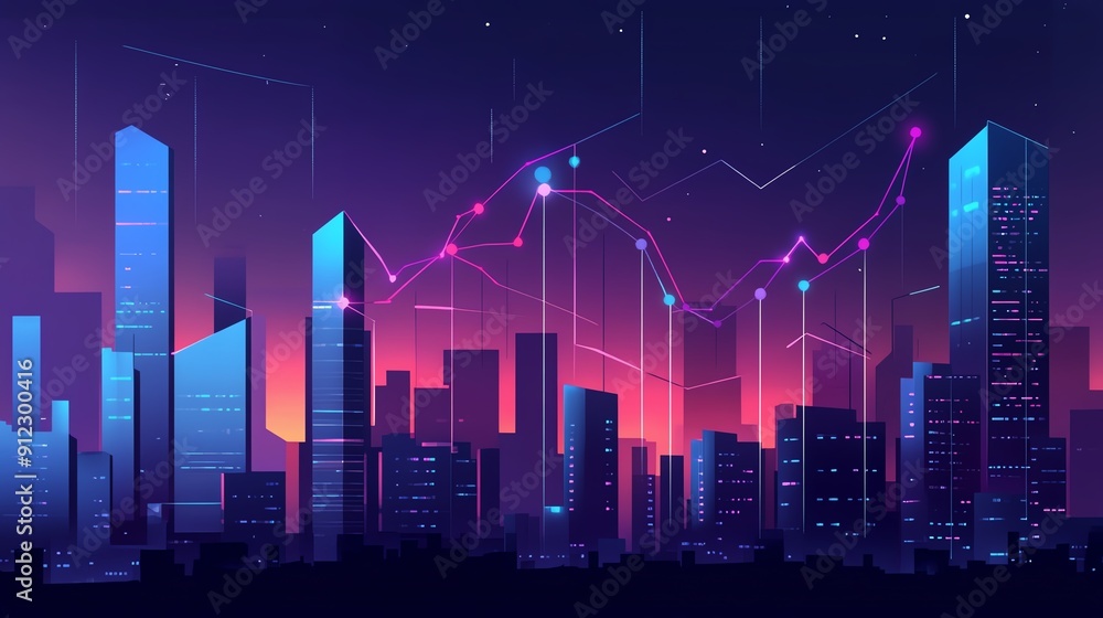 Fototapeta premium A vibrant cityscape at dusk, blending modern architecture with colorful light patterns for a futuristic aesthetic.