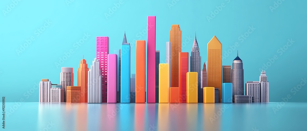 Colorful city skyline illustration with various building shapes against a bright blue background, perfect for modern design projects. Colorful city skyline illustration with various building shapes against a bright blue background, perfect for modern design projects.