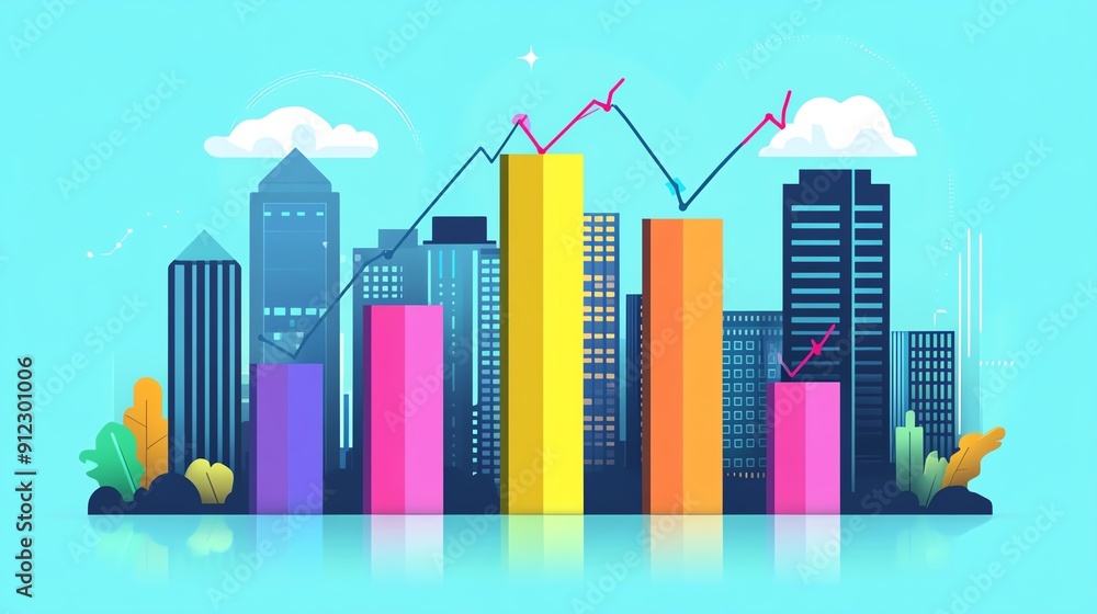Colorful city skyline with rising bar graphs, symbolizing growth, finance, and urban development in a vibrant, modern style. Colorful city skyline with rising bar graphs, symbolizing growth, finance, and urban development in a vibrant, modern style.