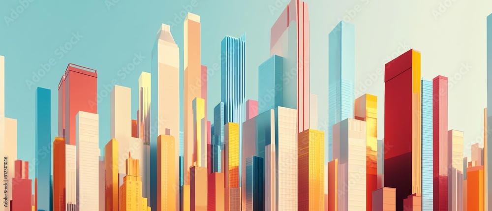 A vibrant city skyline showcasing modern architecture with colorful high-rise buildings against a bright sky. A vibrant city skyline showcasing modern architecture with colorful high-rise buildings against a bright sky.