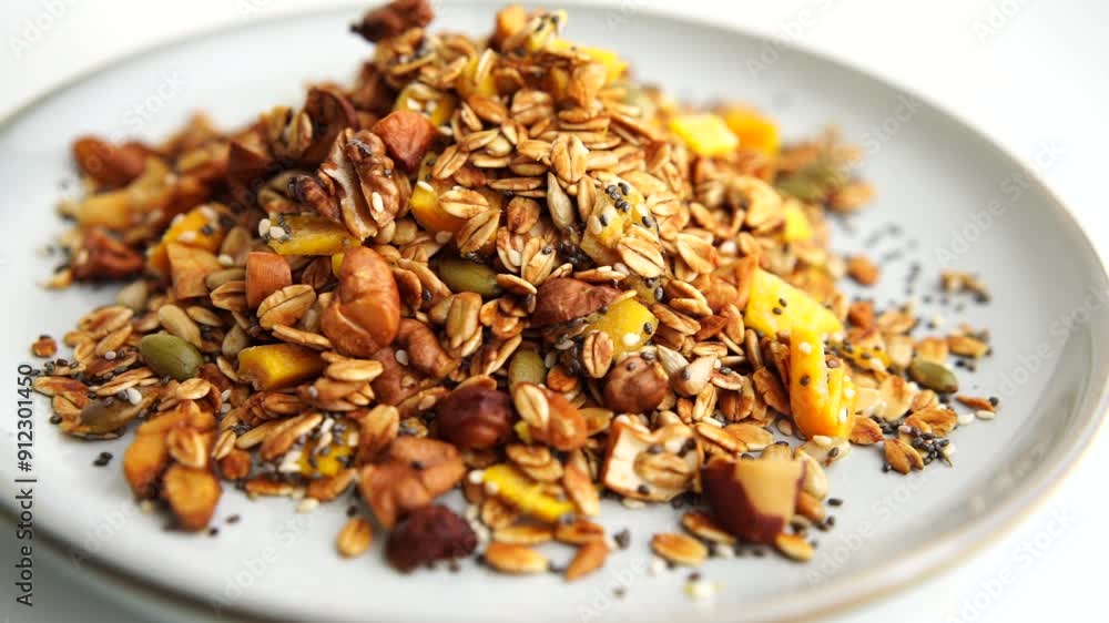 Healthy organic granola breakfast flakes with almonds, cashew nuts walnuts, hazelnuts, pumpkin seeds and cranberries circle rotation close up top view. Healthy organic granola breakfast flakes with almonds, cashew nuts walnuts, hazelnuts, pumpkin seeds and cranberries circle rotation close up top view.