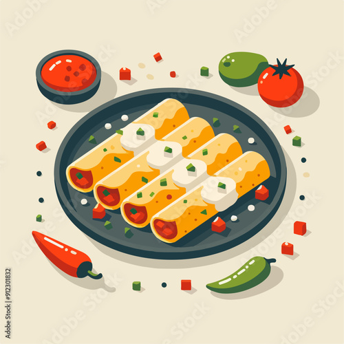 Mexican food set. Guacamole, chiltomate, quesadillas, chile ennogada, nachos, enmoladas, burritos, tamales, tacos, fajitas, etc. Vector illustration isolated on white background.