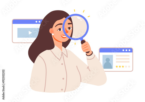 Young woman with a magnifying glass. Business search concept. Flat vector illustration isolated on black background