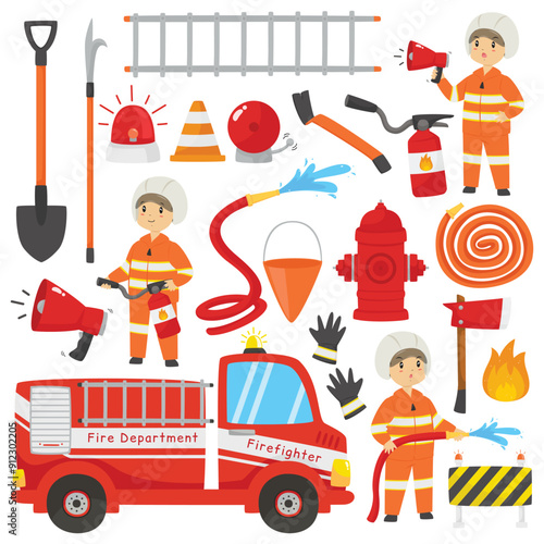 Cute firefighter character with tools and equipment vector set. Flat vector character design. 