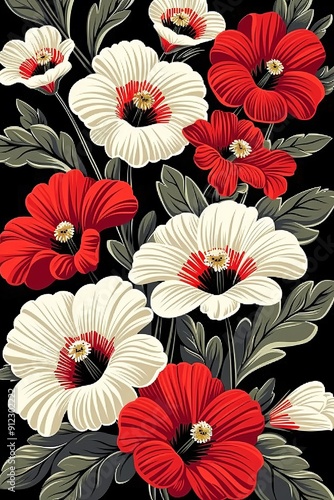Red and White Flowers on Black Background