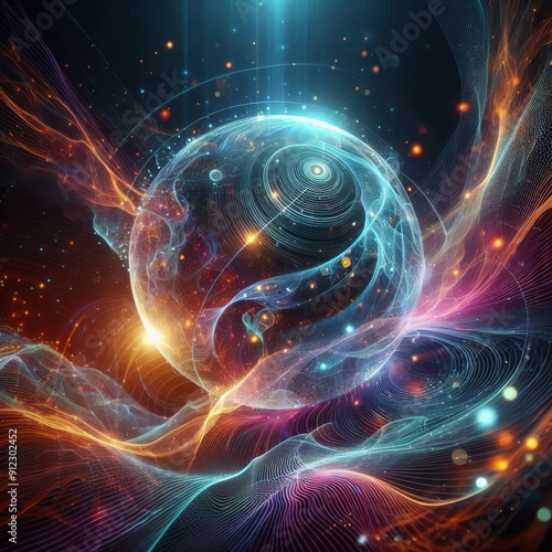 Futuristic abstract neon energy ball with glowing magical waves on dark background 