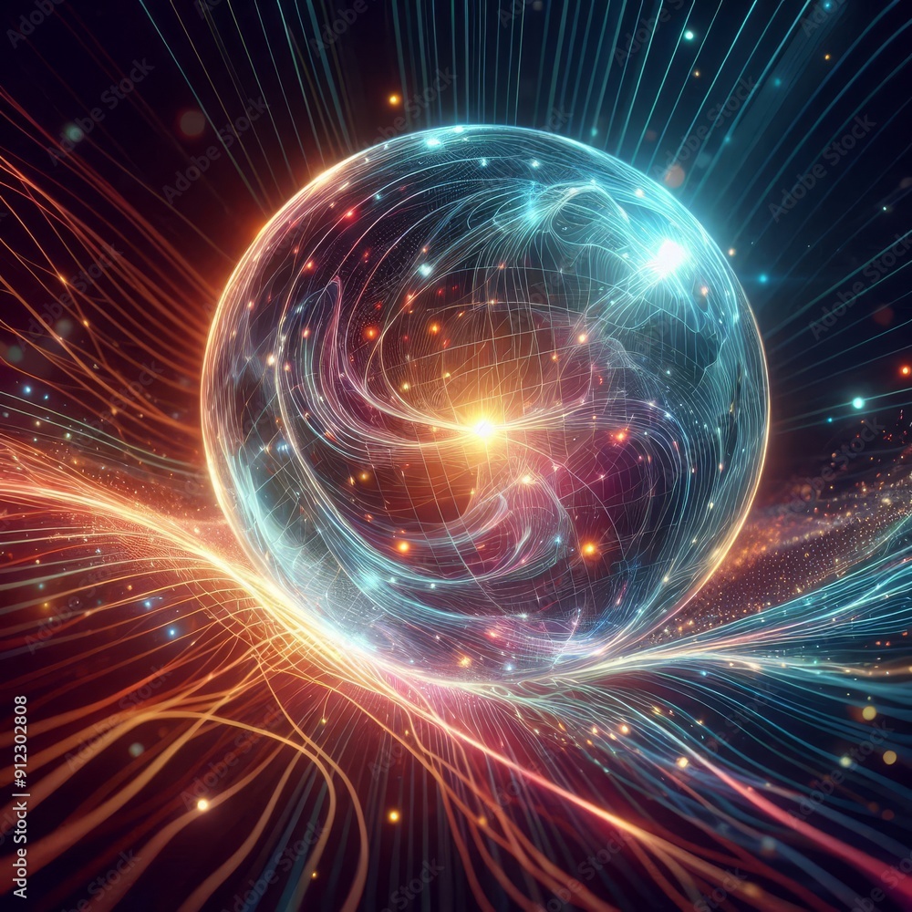 Obraz premium Futuristic abstract neon energy ball with glowing magical waves on dark background 