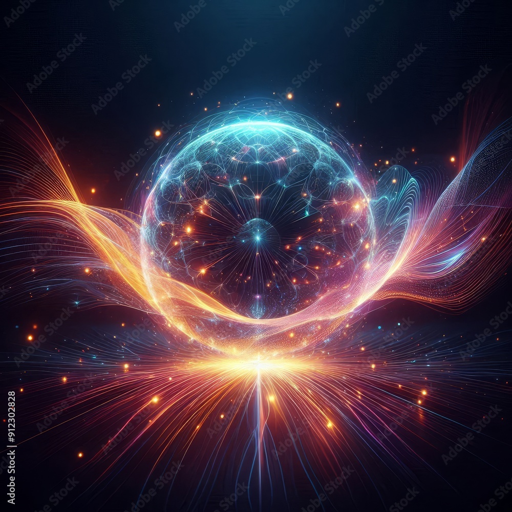 Fototapeta premium Futuristic abstract neon energy ball with glowing magical waves on dark background 