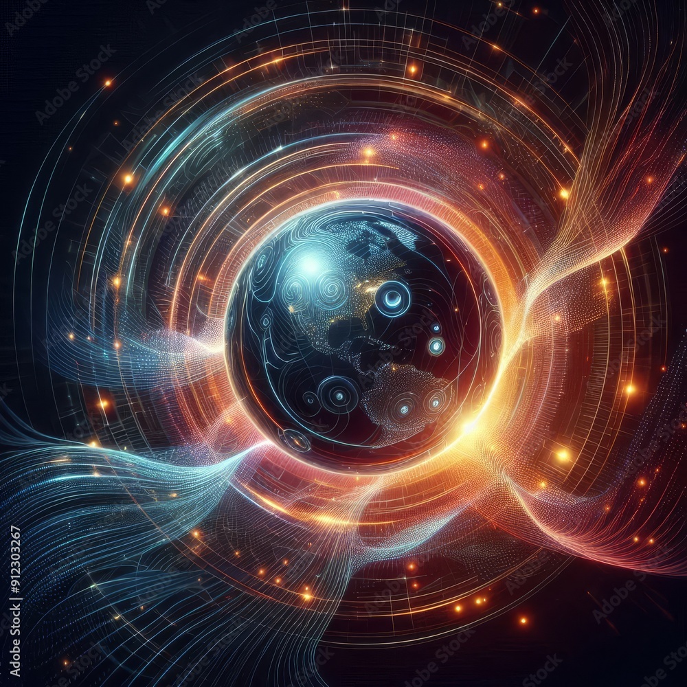 Futuristic abstract neon energy ball with glowing magical waves on dark background
Futuristic abstract neon energy ball with glowing magical waves on dark background