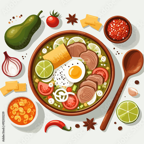 Mexican food set. Guacamole, chiltomate, quesadillas, chile ennogada, nachos, enmoladas, burritos, tamales, tacos, fajitas, etc. Vector illustration isolated on white background.