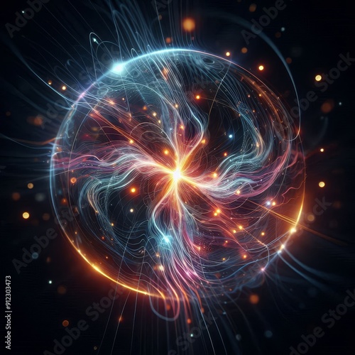 Futuristic abstract neon energy ball with glowing magical waves on dark background 