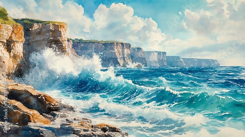 A vibrant seascape showcasing waves crashing against majestic cliffs under a bright sky, perfect for nature lovers and artists.