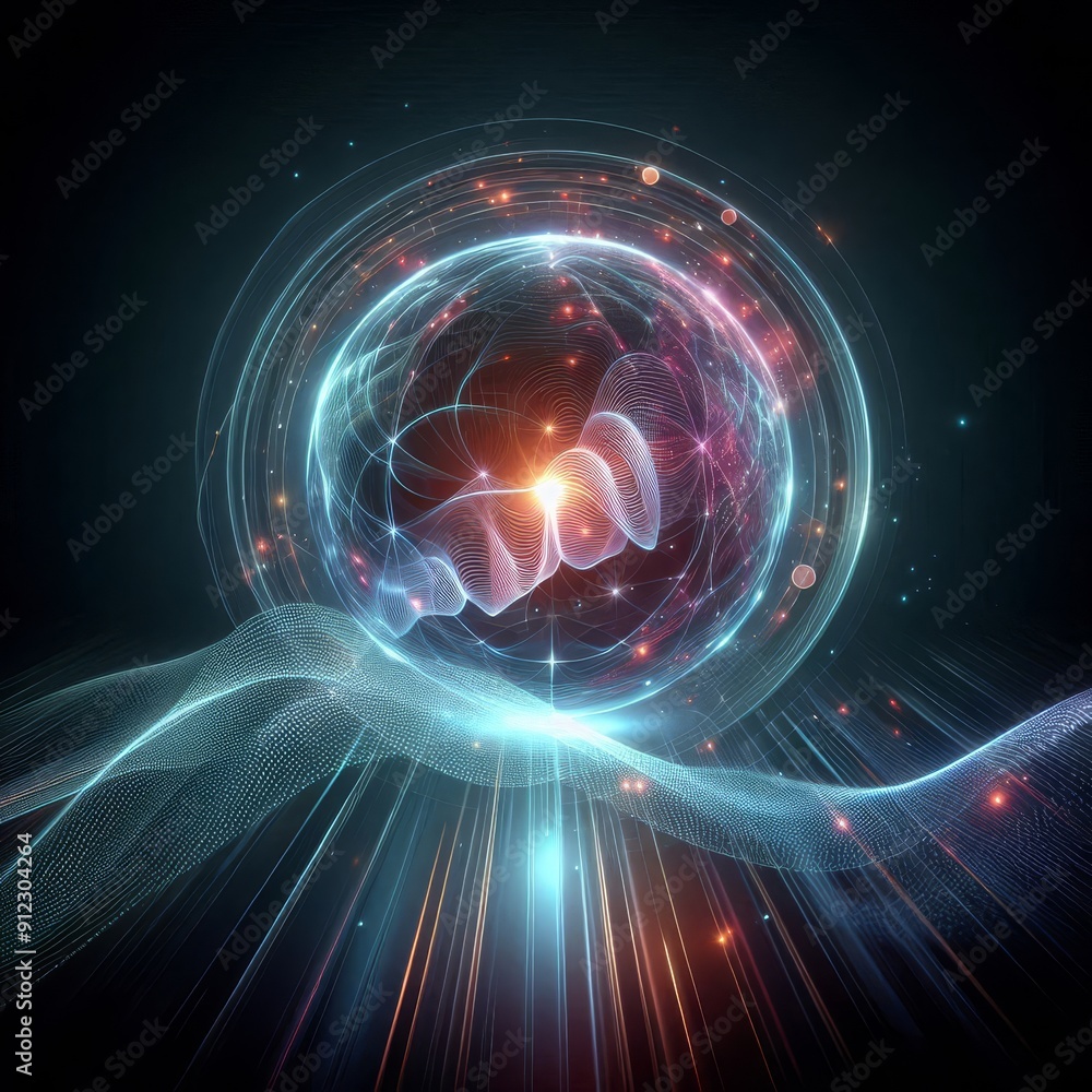 Fototapeta premium Futuristic abstract neon energy ball with glowing magical waves on dark background 