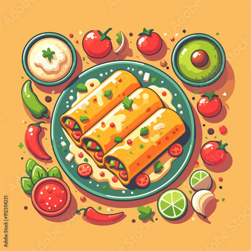 Mexican food set. Guacamole, chiltomate, quesadillas, chile ennogada, nachos, enmoladas, burritos, tamales, tacos, fajitas, etc. Vector illustration isolated on white background.