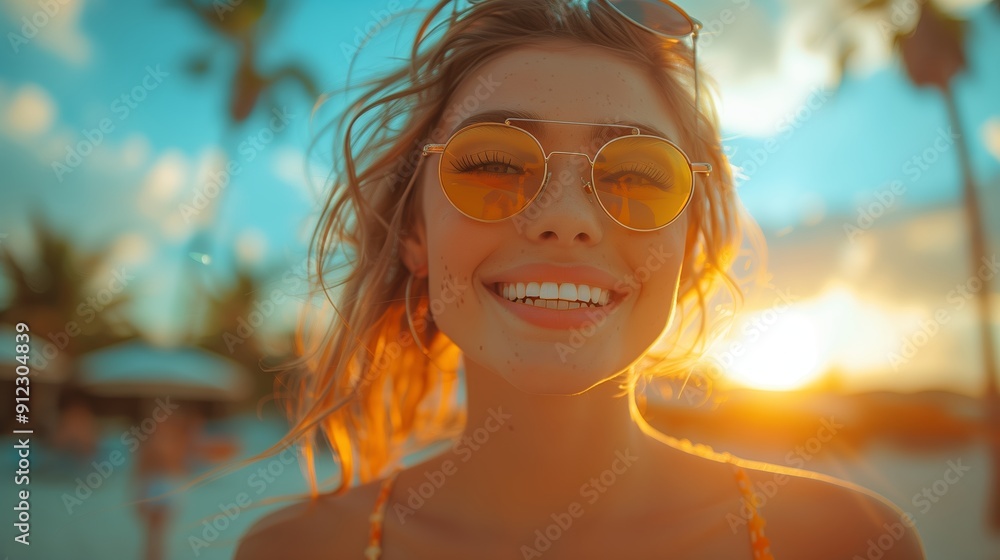 Sunset Smiles of a Young Woman at the Beach in Summer Sunset Smiles of a Young Woman at the Beach in Summer