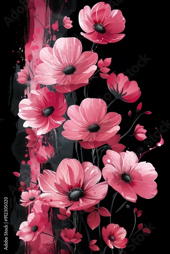 Pink Flowers on Black Background Painting